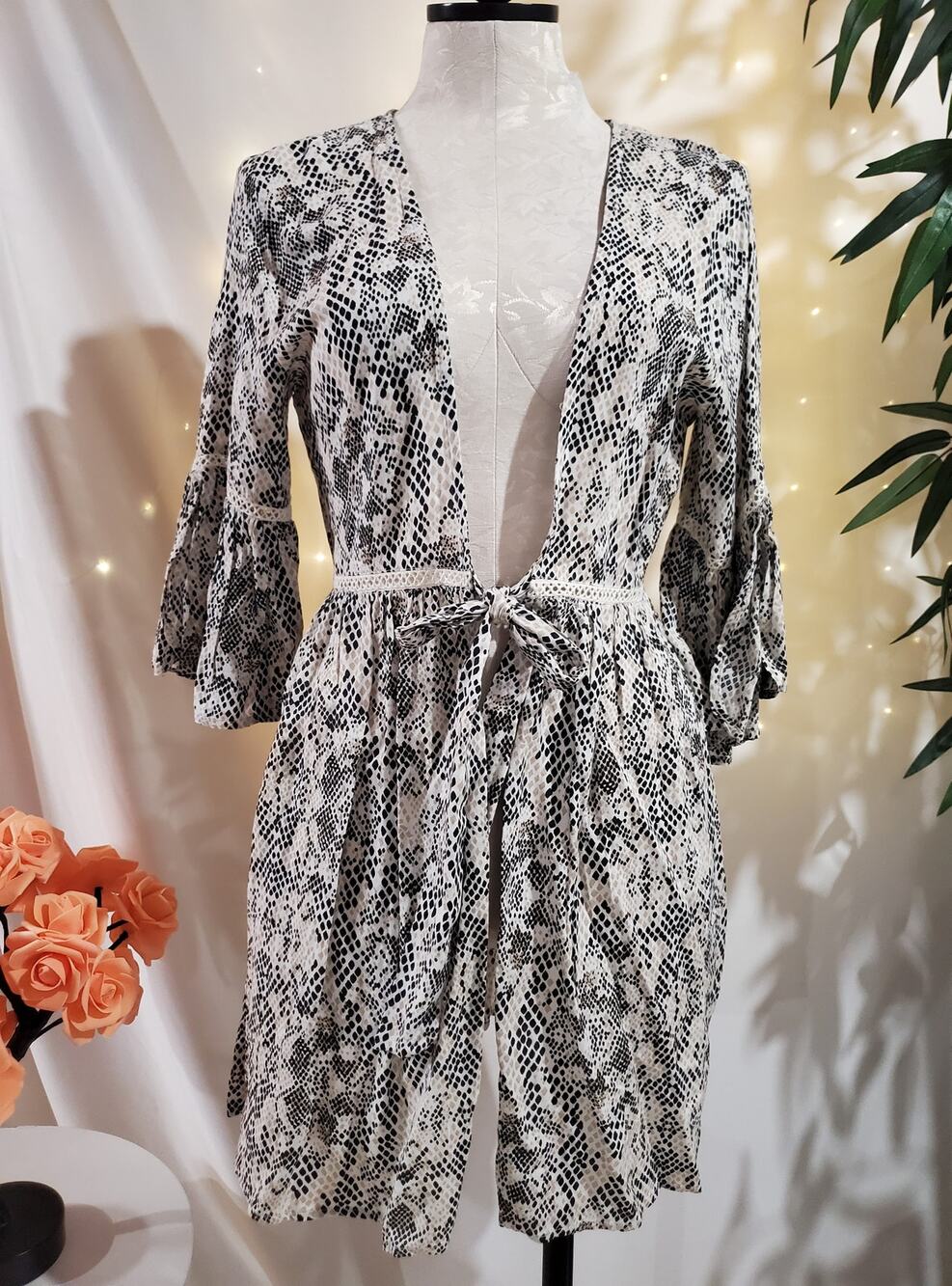 Blue Island Snake Animal Print Bell Sleeve Tie Swim Coverup Dress Womens Size XS